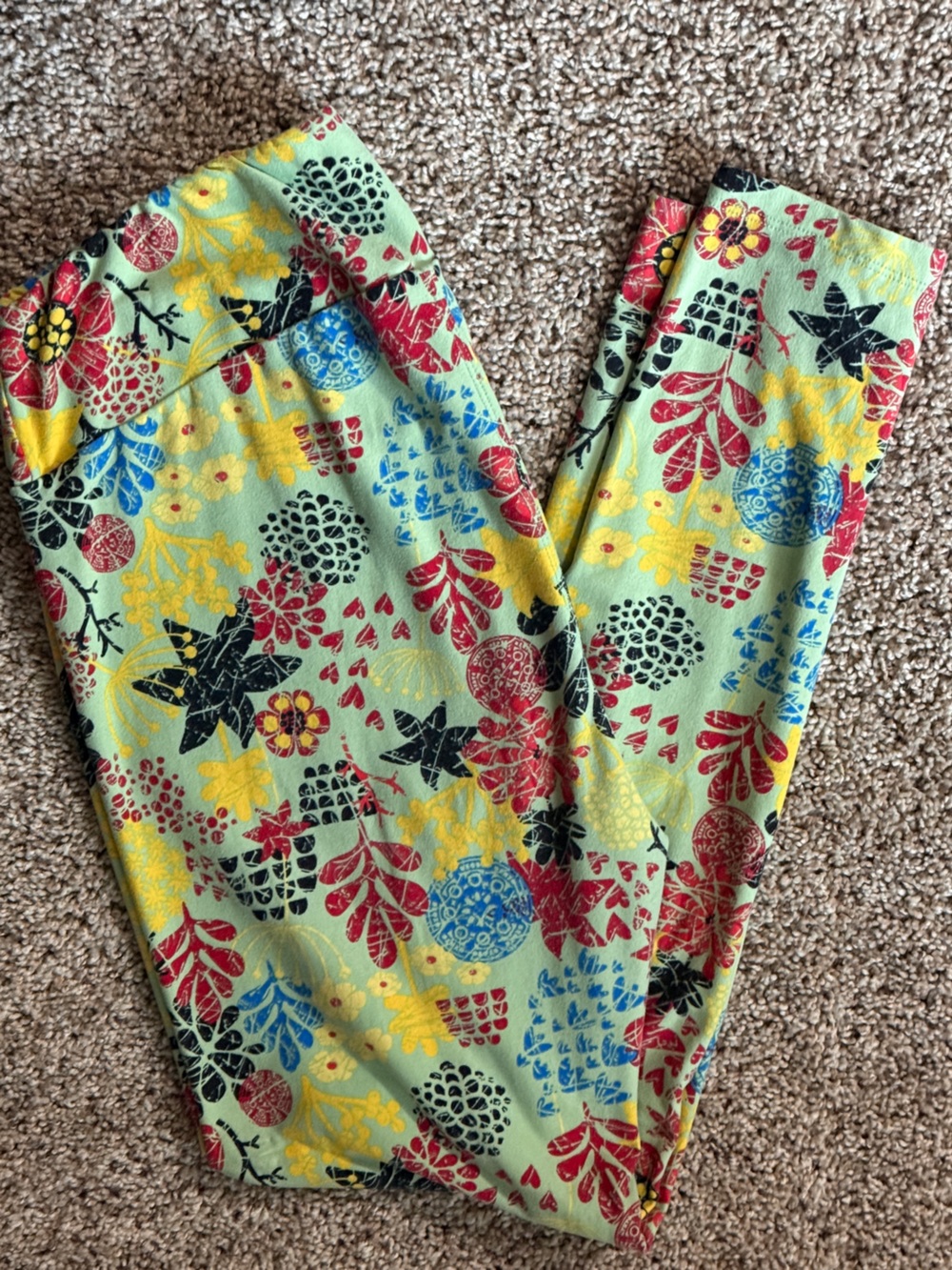 LuLaRoe Leggings Mint with Red, Yellow, Blue & Black Floral Print